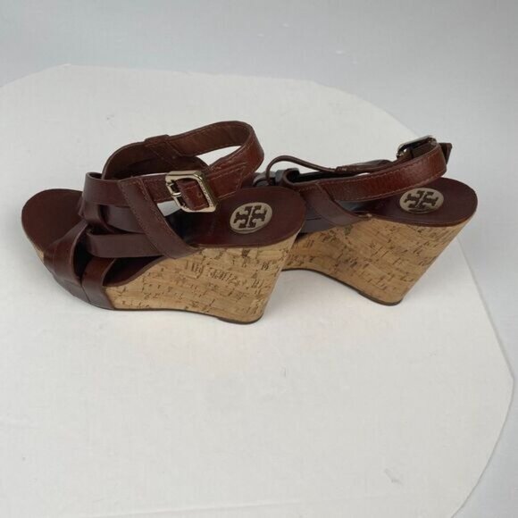 Tory Burch 7 M Ace High Wedge Platform Cork Slingback Heels Shoes Sandals Brown - Picture 5 of 16